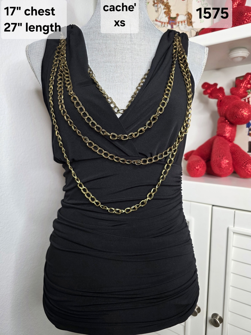 Cache Y2K Vinrage Black Chain-Accent Sleeveless Ruched Tank Top - XS